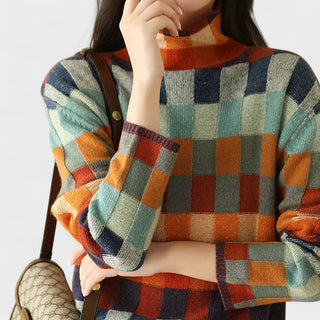 Pull à col montant en laine à carreaux multicolores, coupe ample, manches longues