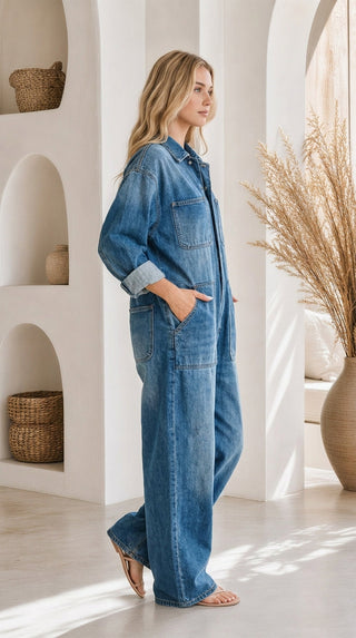 Combinaison en denim bleu ample, vue de profil, boutonnage et poches cargo