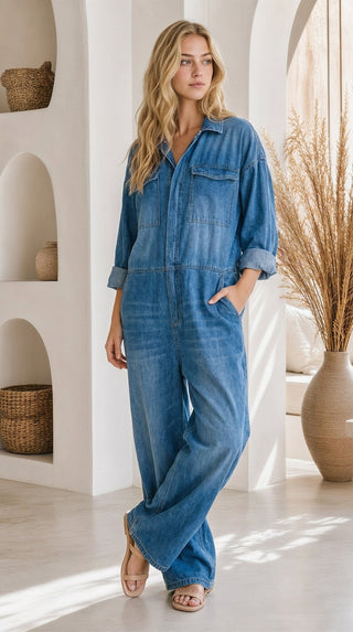 Combinaison en denim bleu ample, vue de trois quarts, manches retroussées et poches