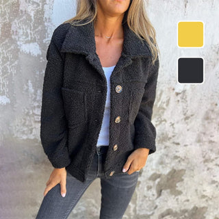 Manteau automnal bouclé noir, col ouvert à revers, boutons ronds et poches