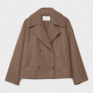 Veste de printemps Constança marron, modèle boutonné double, col revers et poches