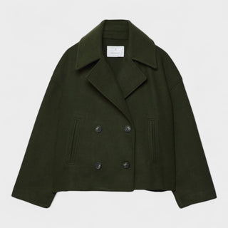 Veste de printemps Constança vert foncé, vue de face, col revers et doubles boutons