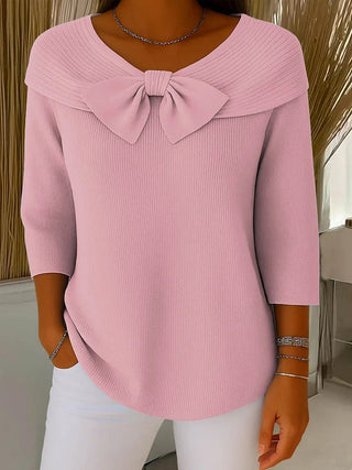 Pull femme rose poudré à col rond noué, manches trois-quarts côtelées