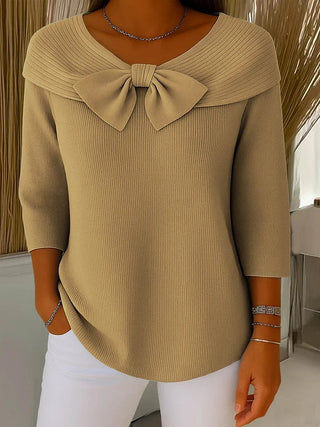 Pull femme kaki à col rond noué, manches trois-quarts côtelées