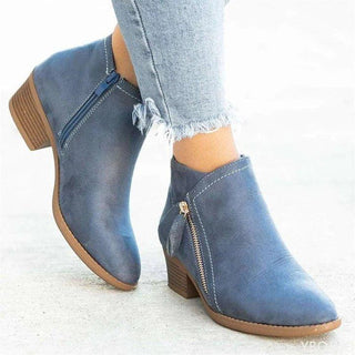 Bottines à talon bloc bleu, fermeture éclair latérale, tige mi-montante