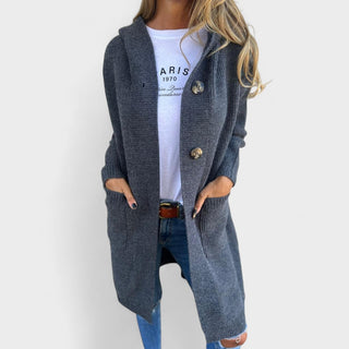 Manteau long gris foncé à col châle, fermeture boutonnée, style décontracté