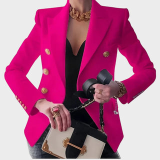 Blazer fuchsia à boutons dorés, revers tailleur, coupe ajustée, manches longues