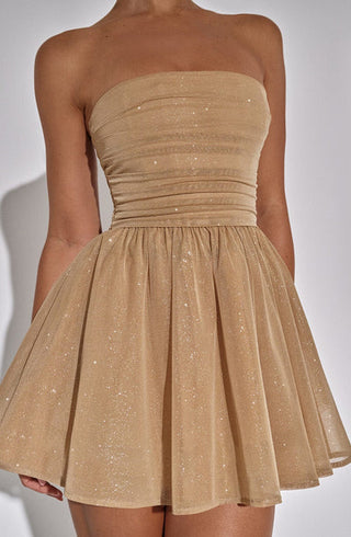 Katrina | Robe Mini Sans Épaules avec Détails Brillants et Jupe Évasée
