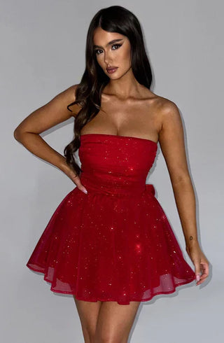 Katrina | Robe Mini Sans Épaules avec Détails Brillants et Jupe Évasée