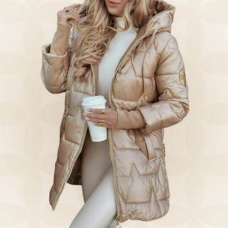 Veste d’hiver matelassée à capuche beige, fermeture zippée, poches, manches longues