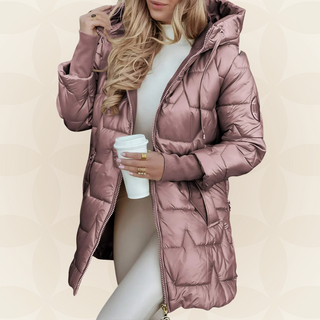 Veste d’hiver matelassée à capuche rose, fermeture zippée, poches, surpiqûres