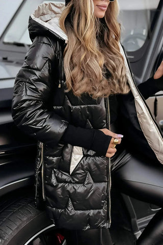 Veste d’hiver matelassée noire à capuche, fermeture zippée, poches, surpiqûres