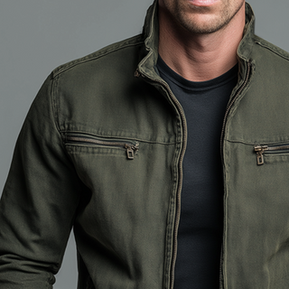 Veste thermique Matteo™ vert olive, gros plan col montant et zip, poches zippées
