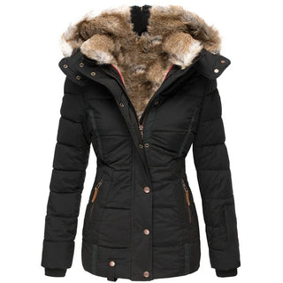 Manteau d’hiver noir matelassé, capuche doublée de fourrure, fermeture boutonnée
