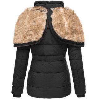 Manteau d’hiver noir matelassé, capuche et poignets doublés de fourrure