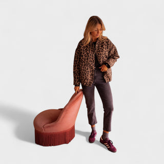 Veste léopard marron à boutons, coupe droite, poignets avec élastique