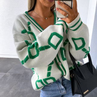 Cardigan midi blanc cassé en maille, col en V boutonné et motifs géométriques verts