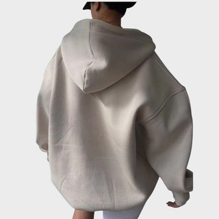 Sweat à capuche chic beige de dos, capuche, coutures et manches longues