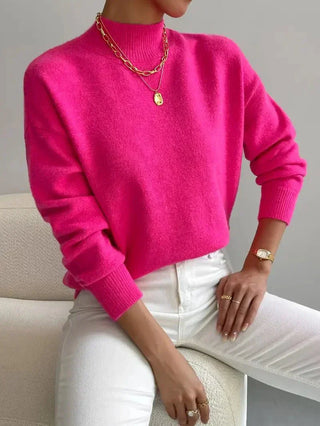 Pull femme col rond rose fuchsia, manches longues, poignets côtelés