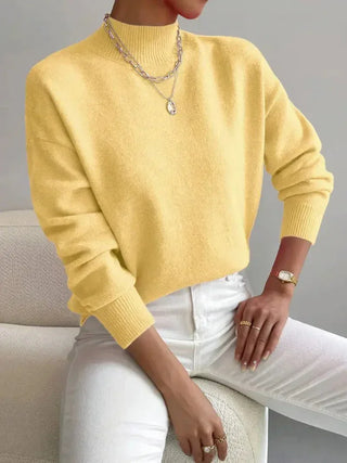 Pull femme col rond jaune, manches longues, poignets côtelés