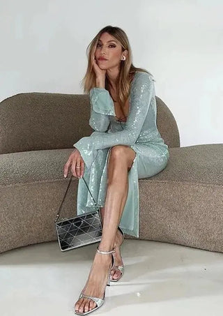 Maya | Robe à manches longues en tulle brillant vert menthe pour femmes