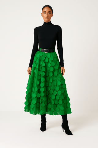 Jupe Longue Tulle | Appliqués Cercles | Taille Ceinturée