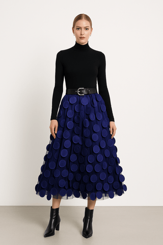 Jupe Longue Tulle | Appliqués Cercles | Taille Ceinturée