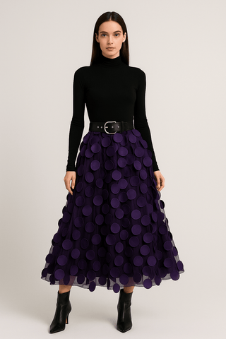 Jupe Longue Tulle | Appliqués Cercles | Taille Ceinturée