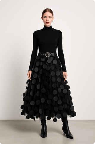 Jupe Longue Tulle | Appliqués Cercles | Taille Ceinturée