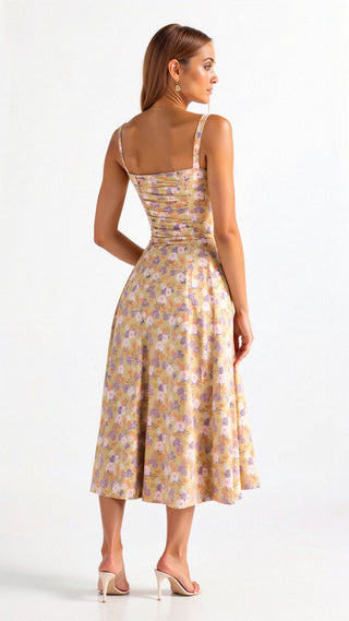 Robe midi corset structurée, coupe cintrée et jupe fluide