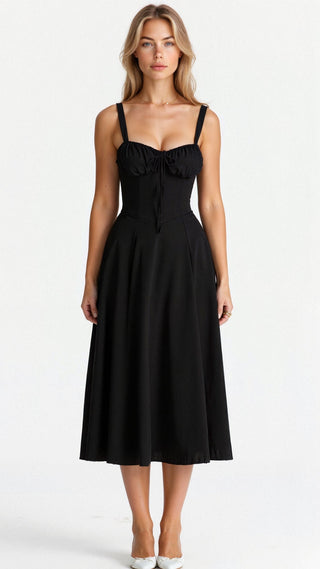 Robe corset mi-longue vue de face, silhouette complète et élégante