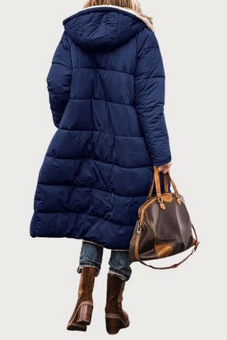 Manteau matelassé réversible bleu marine, capuche et doublure fourrure beige