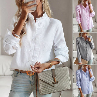 Chemise casual à volants, vues avant et dos en plusieurs couleurs (blanc, rose, gris).