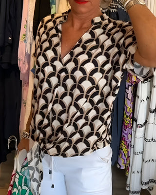 Blouse décontractée Luna à encolure V, motif noir et blanc, manches courtes à volants, nœud.