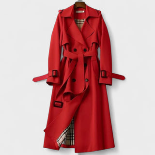 Trench-coat rouge en gabardine avec ceinture, rabats et boutons, manches longues