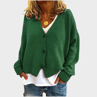 Gilet en maille vert foncé à encolure V, boutons et manches longues