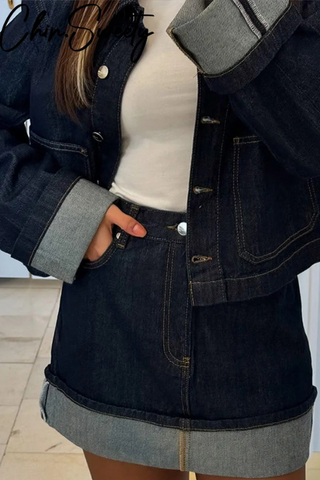 Ensemble en denim pour femmes – Veste en jean cropped & jupe mini taille haute avec revers