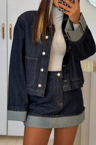 Ensemble en denim pour femmes – Veste en jean cropped & jupe mini taille haute avec revers