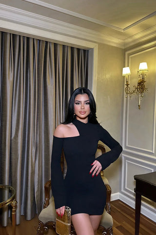Lena | Robe Minikleid Bodycon Noire à Épaule Unique avec Décolleté Asymétrique