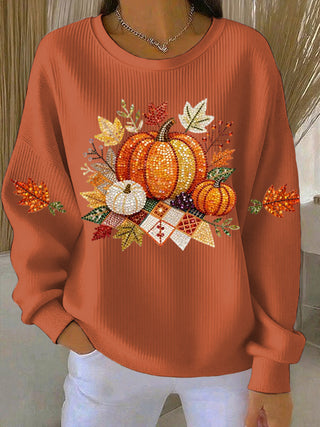 Sweatshirt femme orange à motif citrouilles et feuilles, manches longues
