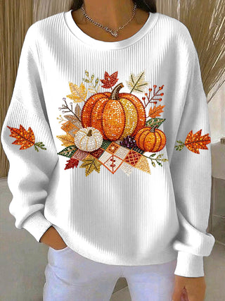 Sweatshirt femme blanc à motif citrouilles et feuilles, manches longues