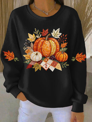 Sweatshirt femme noir à motif citrouilles et feuilles, manches longues