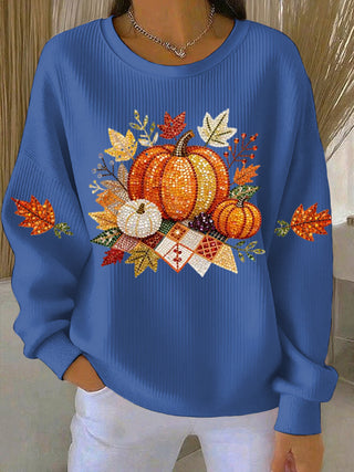 Sweatshirt femme bleu à motif citrouilles et feuilles, manches longues