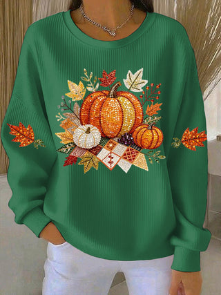 Sweatshirt femme vert à motif citrouilles et feuilles, manches longues