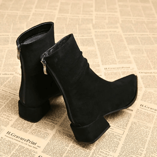 Bottes femme noires en suédine, bout pointu, talon bloc, fermeture éclair latérale