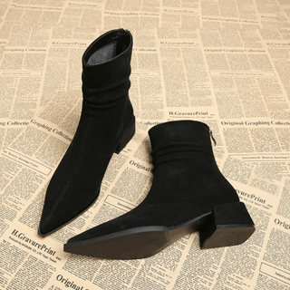 Bottes femme noires, bout pointu, talon bloc, fermeture éclair latérale, vue côté