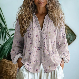 Blouse cardigan en lin rose clair, manches longues boutonnées, fleurs discrètes