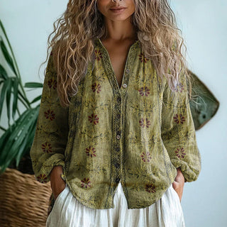 Blouse cardigan en lin vert olive clair, manches longues boutonnées, broderies florales
