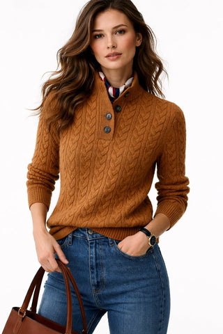 Pull femme laine mélangée col montant maille torsadée marron, boutons devant.