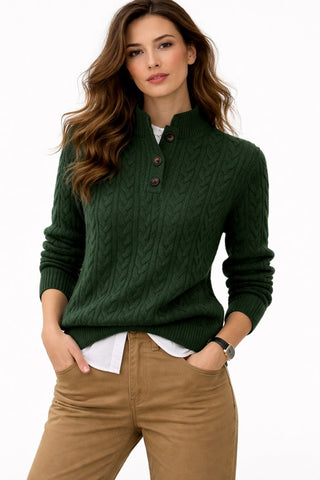 Pull femme laine mélangée col montant maille torsadée vert foncé, boutons devant.